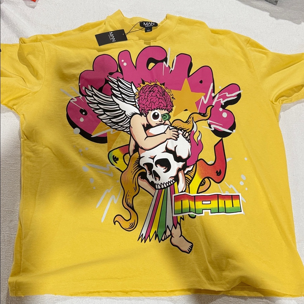 Boohoo Kids Yellow Tee with Angel and Skull Graphic